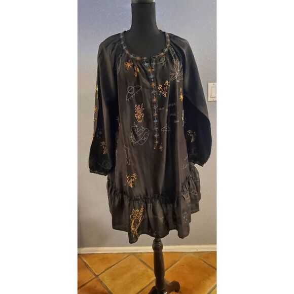Johnny Was Calme by Yogi Embroidered Silk Mini Dress — Black, NWT, Boho Chic - Picture 4 of 13